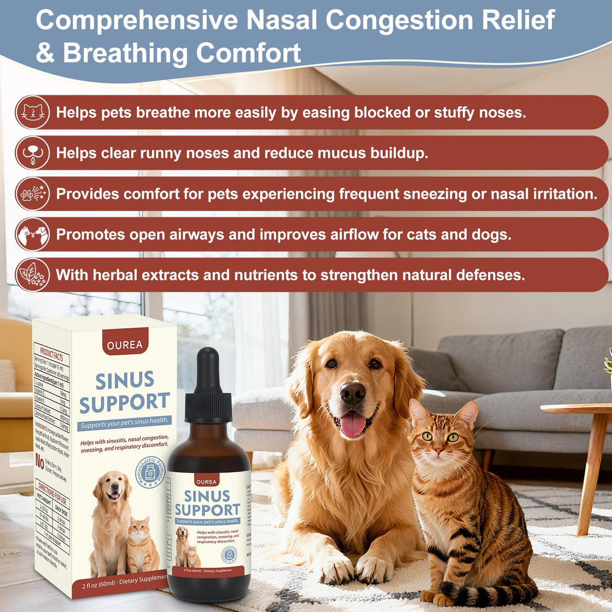 Nasal Congestion Relief Drops for Cats & Dogs, Sinus & Respiratory Support Supplement, Helps Soothe Seasonal Nose Discomfort & Maintain Clear Breathing, Immune Support