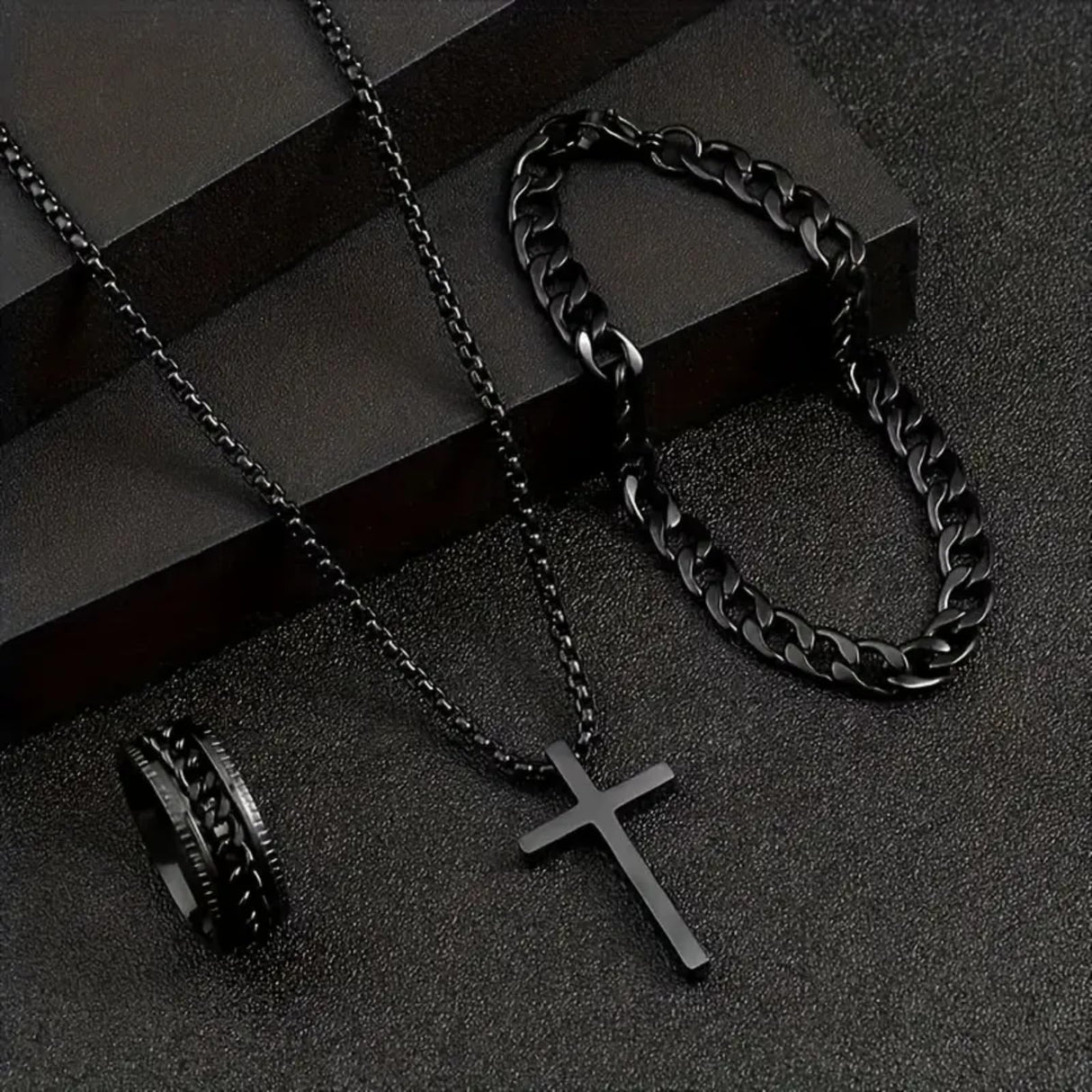 Alloy Cross Necklace Bracelet Ring Set of Three, Cross Pendant, Fashion Accessories, Suitable for Everyday Wear and Match