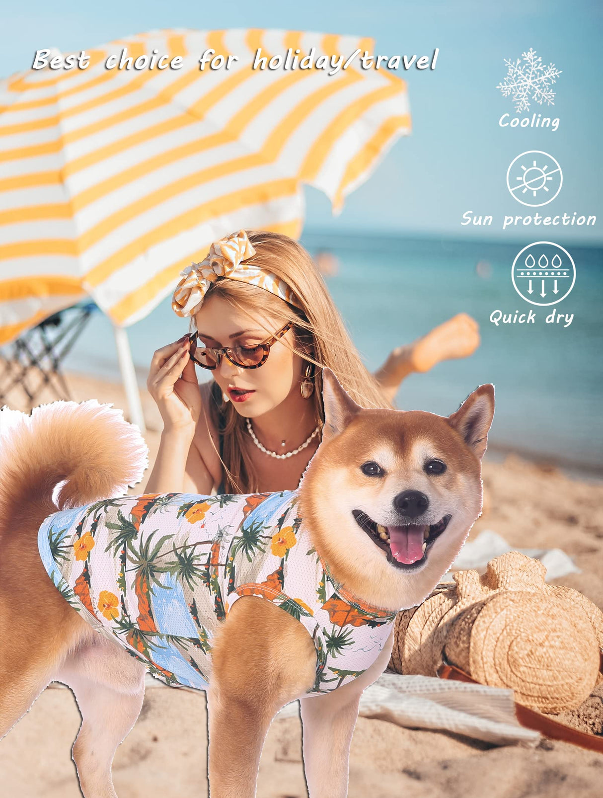 Sychien Hawaiian Dog Shirts,Quick Dry Summer Cooling Mesh Coconut Printing T-Shirt for Large Dogs,Blue+Yellow XL