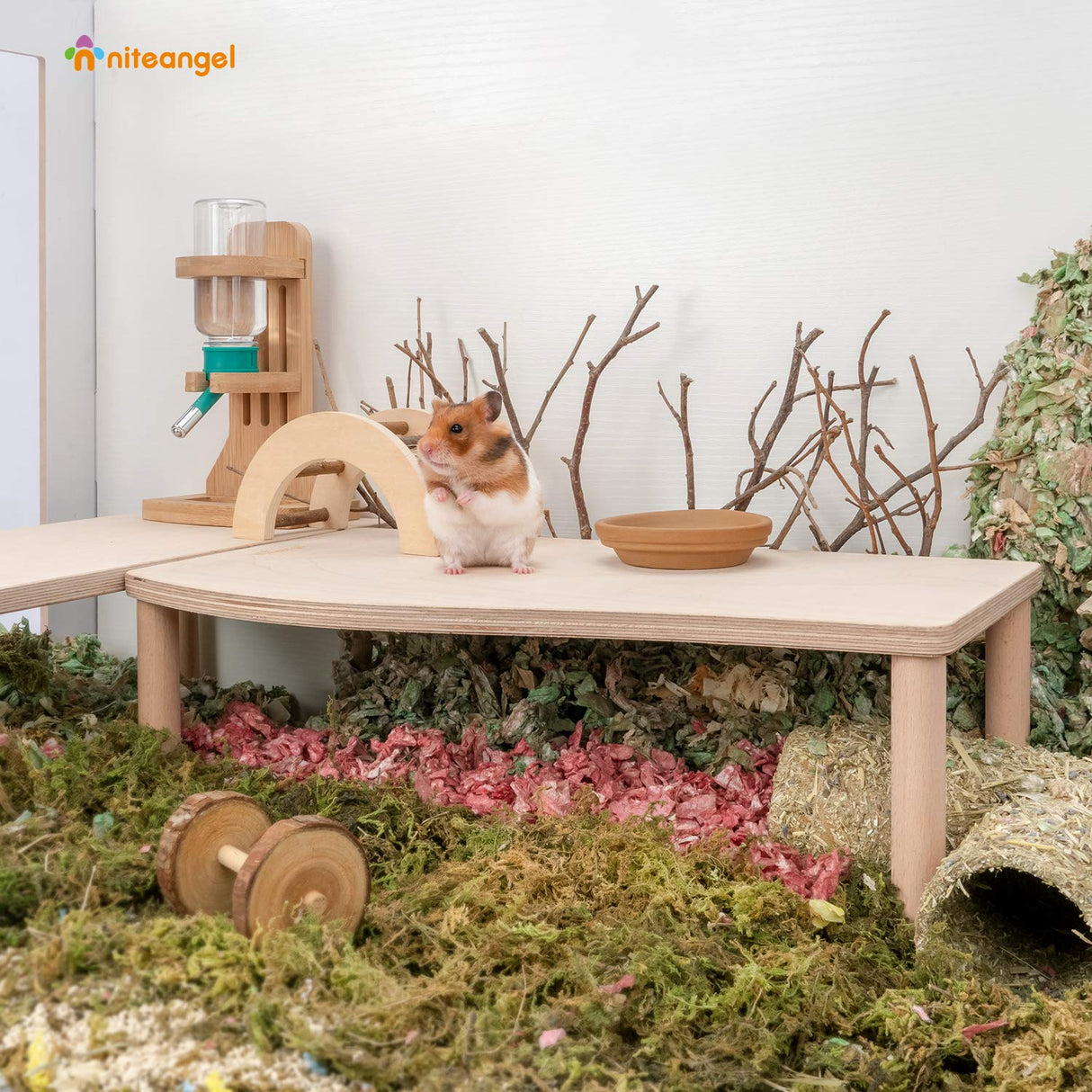 Niteangel Hamster Play Wooden Platform for Food Bowl Drinking Bottle and Other cage Accessories (Wave - 7" Height)