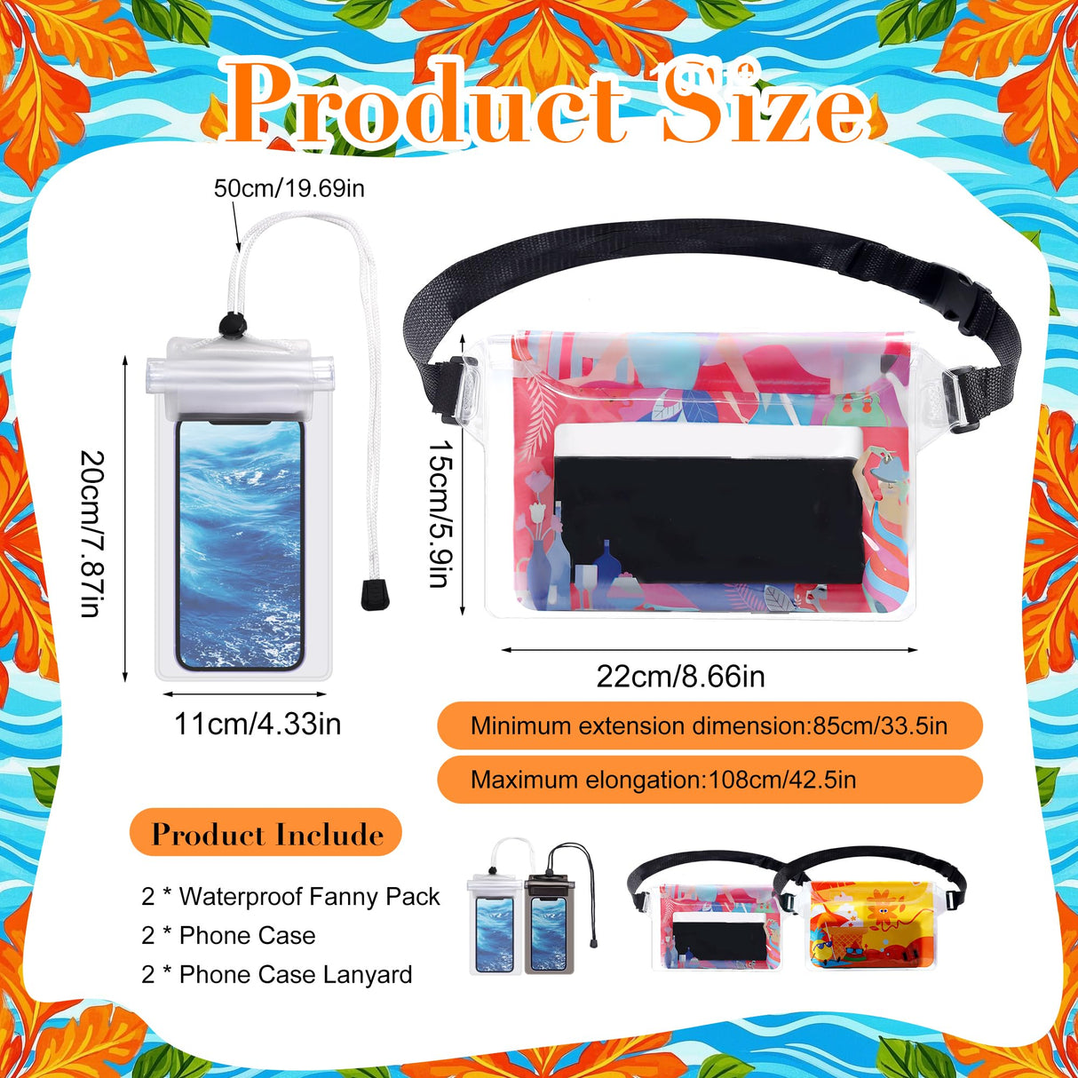 XHDMY 4 Pack Waterproof Fanny Pack with Waist Strap Waterproof Phone Pouch Dry Bag for Kayaking Pool Swimming Boating Beach Fishing Travel Diving Surfing (Hawaii, 2 Fanny Pack + 2 Pouch Bag)
