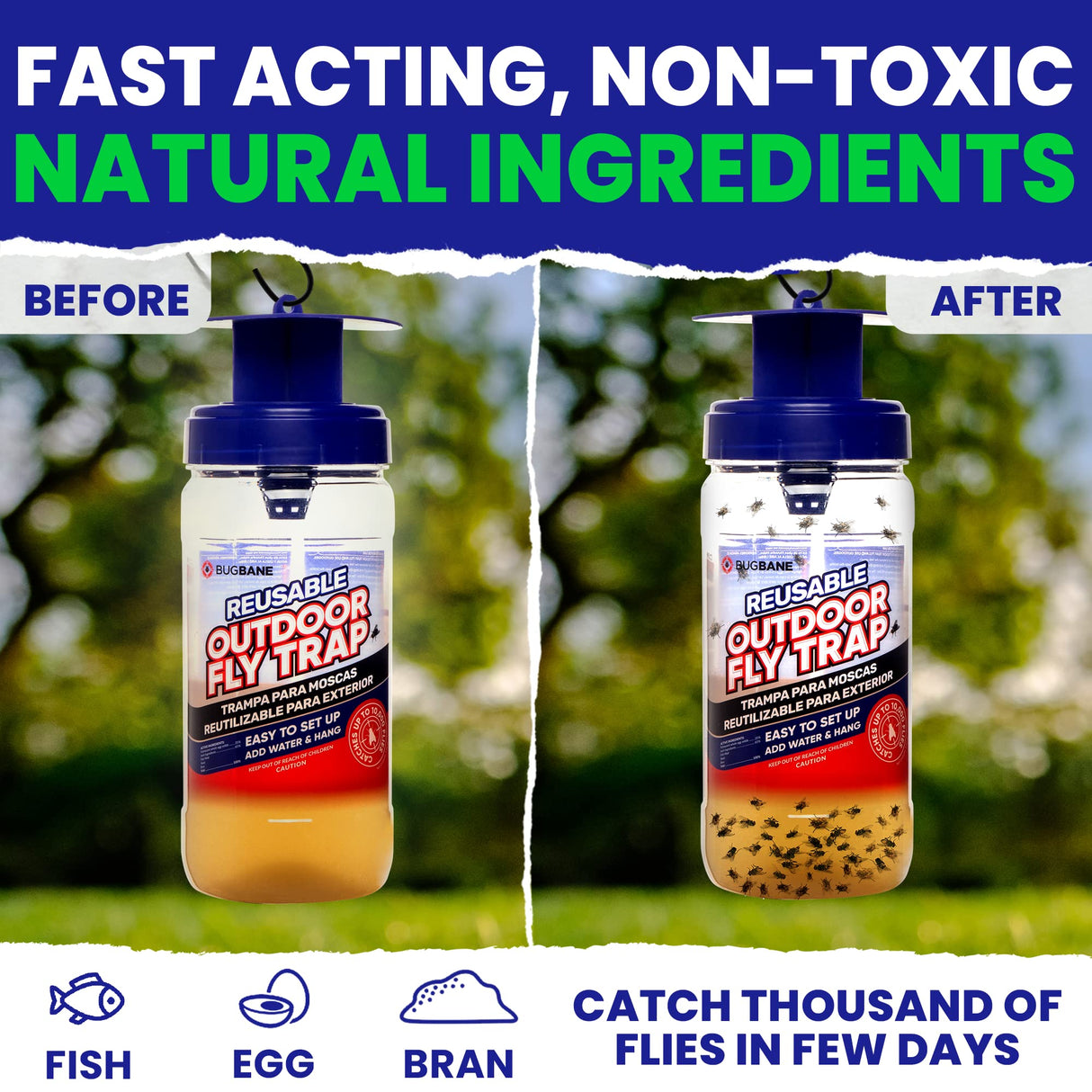 2 Reusable Fly Traps Outdoor Fly Traps with 4 Natural Fly Magnet Bait Refill. Flies Trap Outdoor Reusable Fly Trap Jar Fly Trap Fly Catchers Outdoor Fly Bait Fly Bags Flytraps Stable Horse Fly Trap