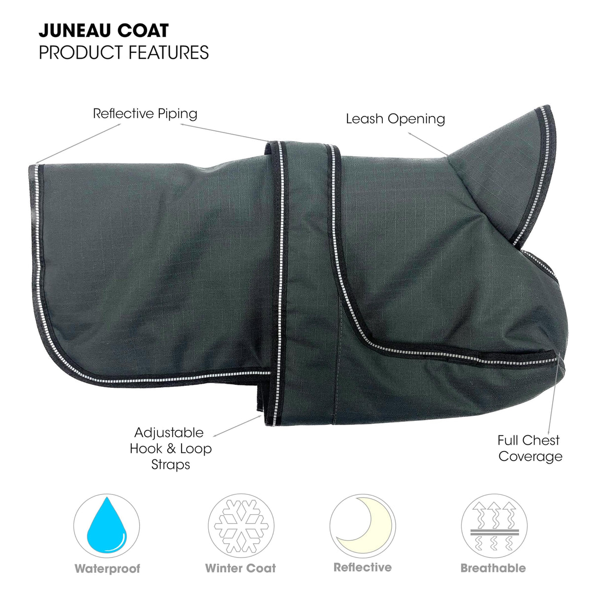 PetRageous 7303CGS Juneau Waterproof Cold Weather Dog Coat with Full Chest Coverage Leash Opening 11-Inch Long Heavyweight Jacket for Small Breeds and Puppies, Charcoal Grey