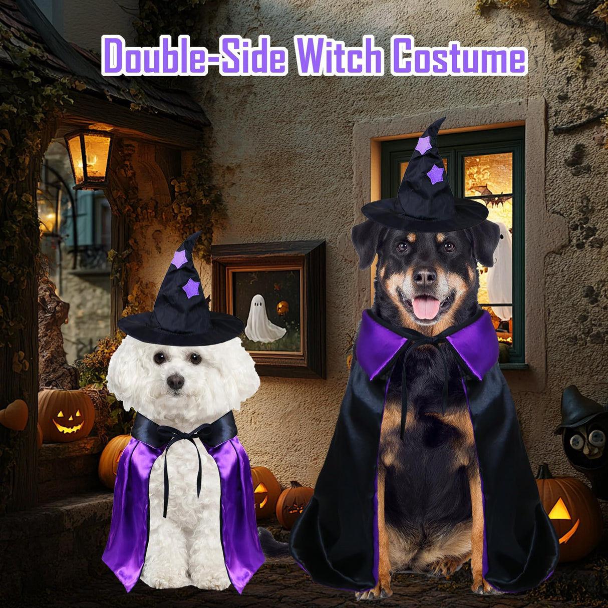 PAYHTOW Dog Halloween Costumes, Dog Witch Costume Funny Pet Witch Cloak Cape Wizard Hat Holiday Outfit Clothes Halloween Costumes for Small Medium Large Dogs Pets (Medium)