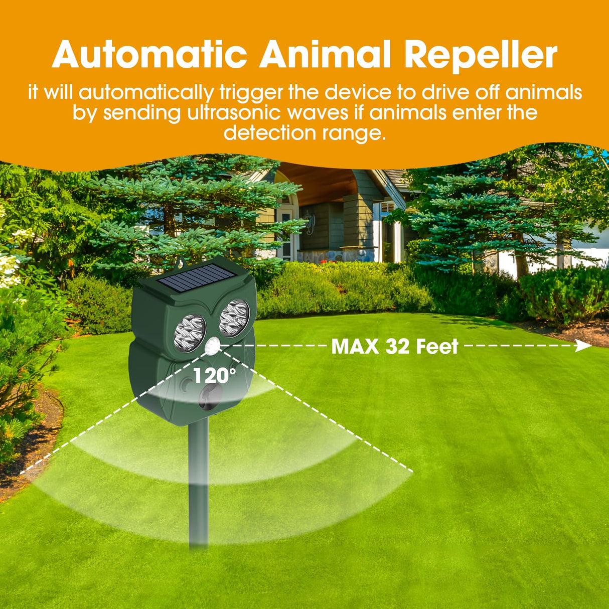 Solar Animal Repeller Waterproof Ultrasonic Animal Repeller Outdoor with Motion Sensor 5 Modes Drive Away Deer, Squirrel, Cat, Coyote, Raccoon