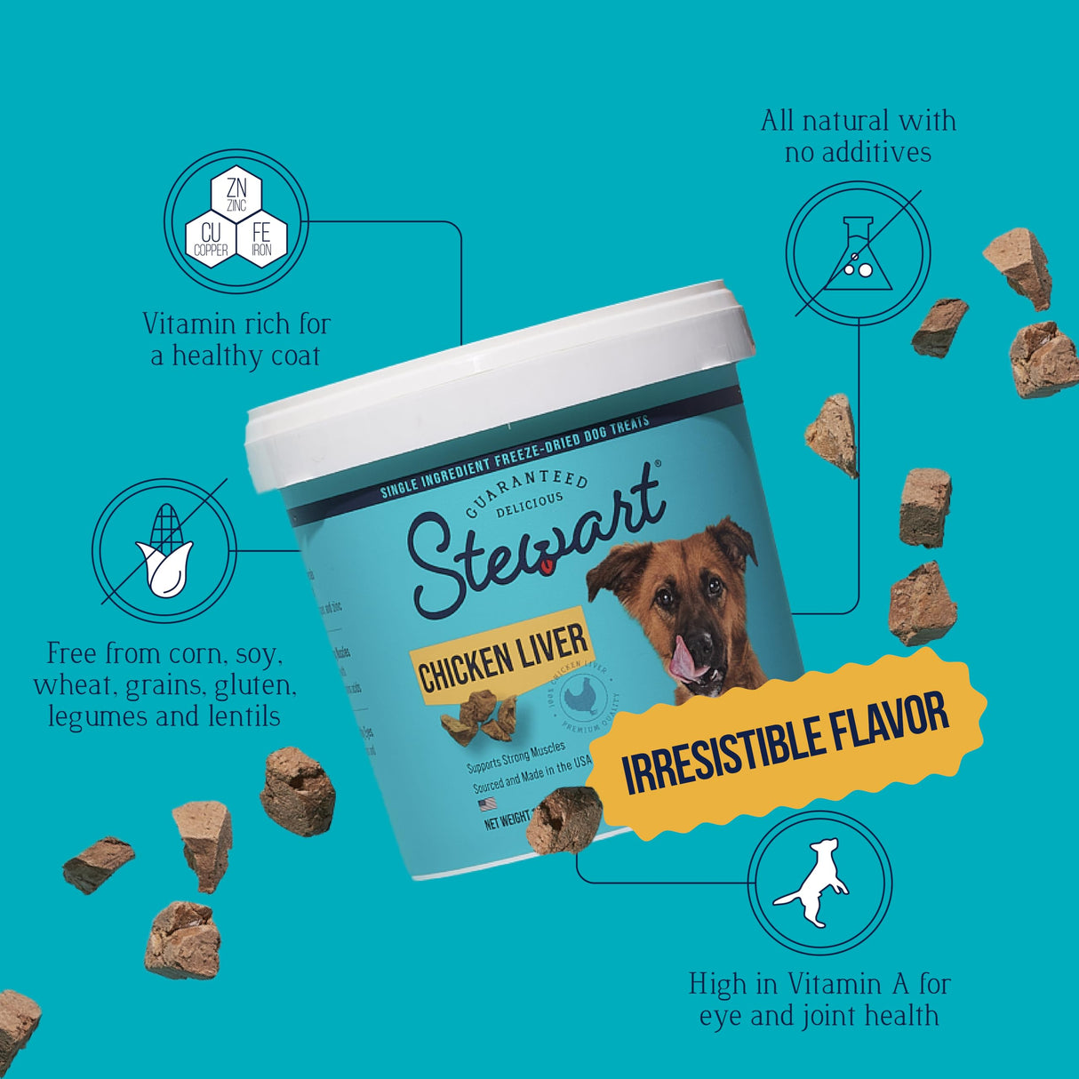 Stewart Chicken Liver Dog Treats, 16.8 oz, ~315 Pieces, Freeze Dried Raw, Single Ingredient, 60% Protein Training Treats or Meal Topper in a Value Size Resealable Tub, Grain Free, Gluten Free