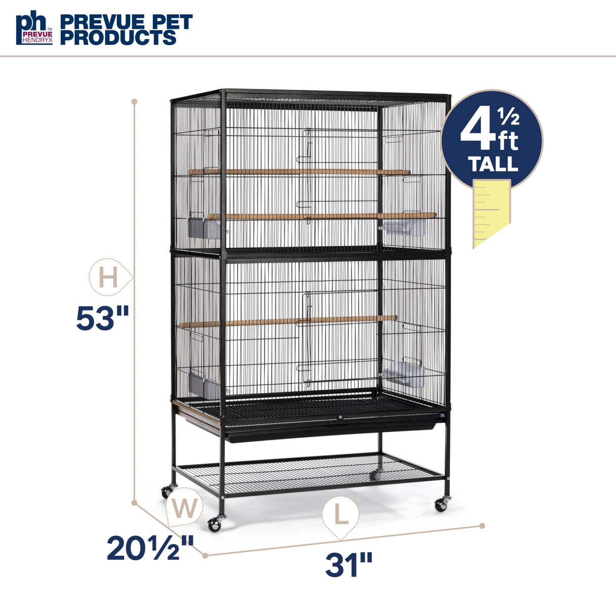 Prevue Pet Products Steel Bird Flight Cage with Wheels - Large Birdcage for Parakeets, Canaries, Finches, Cockatiels, Lovebirds, & Green Cheek, Metal Standing Birdcage - Black, Large