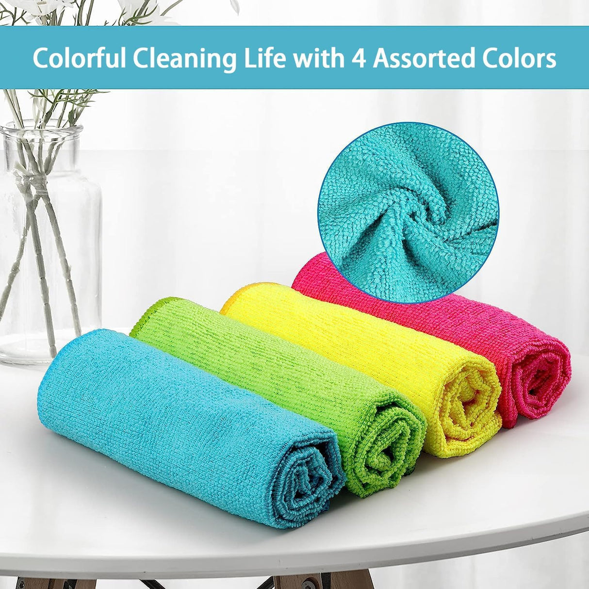 Microfiber Cleaning Cloth 210GSM, Pack of 12, Size:11.5" x 11.5", Ultra-Soft, High-Density Non-Abrasive Cleaning Towels for Cars, Glass, Kitchen, Reusable Rags, Blue/Green/Yellow/Pink