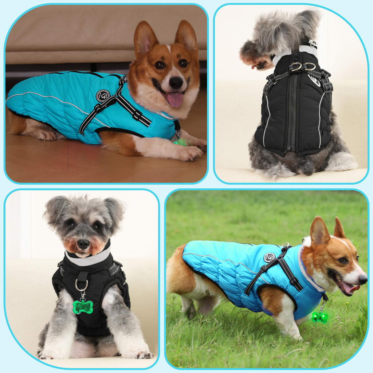 HezzLuv Waterproof Dog Jacket with Built-in Harness, Winter Snow Dog Warm Coat for Small, Medium Dogs, Cold Weather Cozy Vest Clothes with Luminous Pendant and Reflective Strips, Adjustable Straps