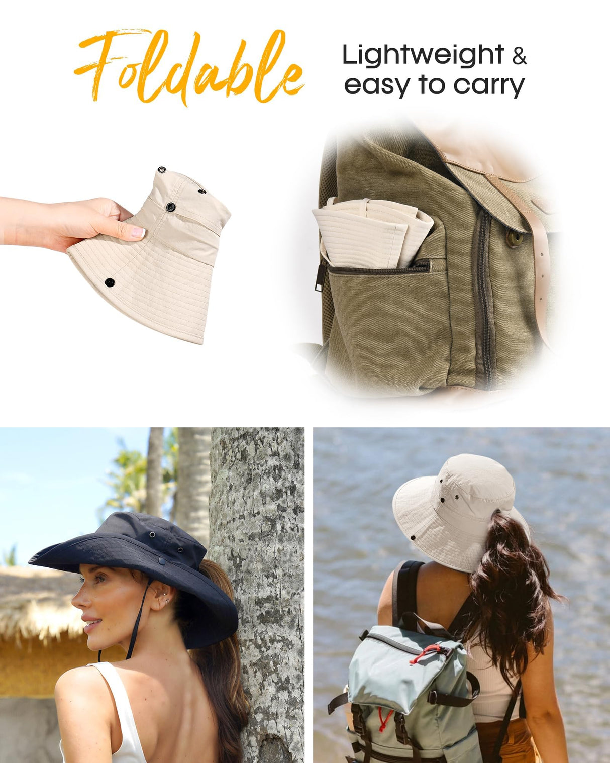 FURTALK Sun Hats for Women Ponytail UV Protection Beach Summer Hat Wide Brim Packable Cowboy Hat Beige