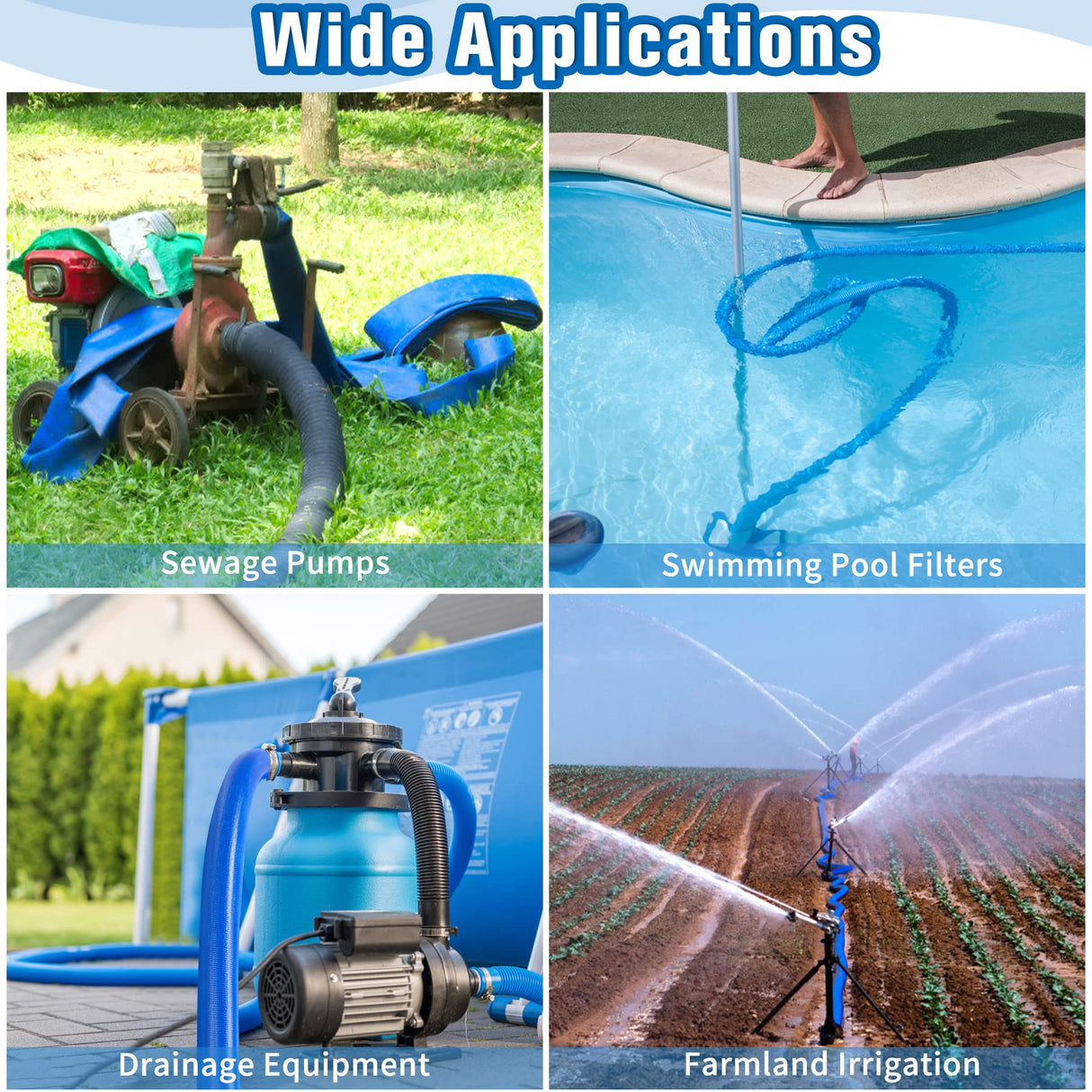 2 IN x 110FT Pool Backwash Hose Heavy Duty Drain Discharge Double PVC Layflat Hose with 2 Clamps, Weatherproof Burst Resistant for Water Transfer, Sump Pump, Pool Filter, Pool Drain (33.6M, Blue)