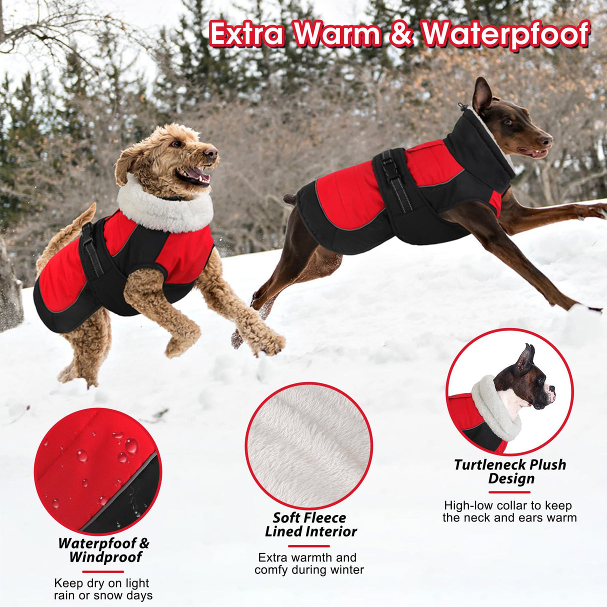 Dogcheer Dog Coat, Christmas Dog Jacket, Waterproof Turtleneck Puppy Winter Coat, Adjustable Pet Puffer Jacket, Reflective Warm Fleece Coats for Small Medium Large Dogs - Red, XL