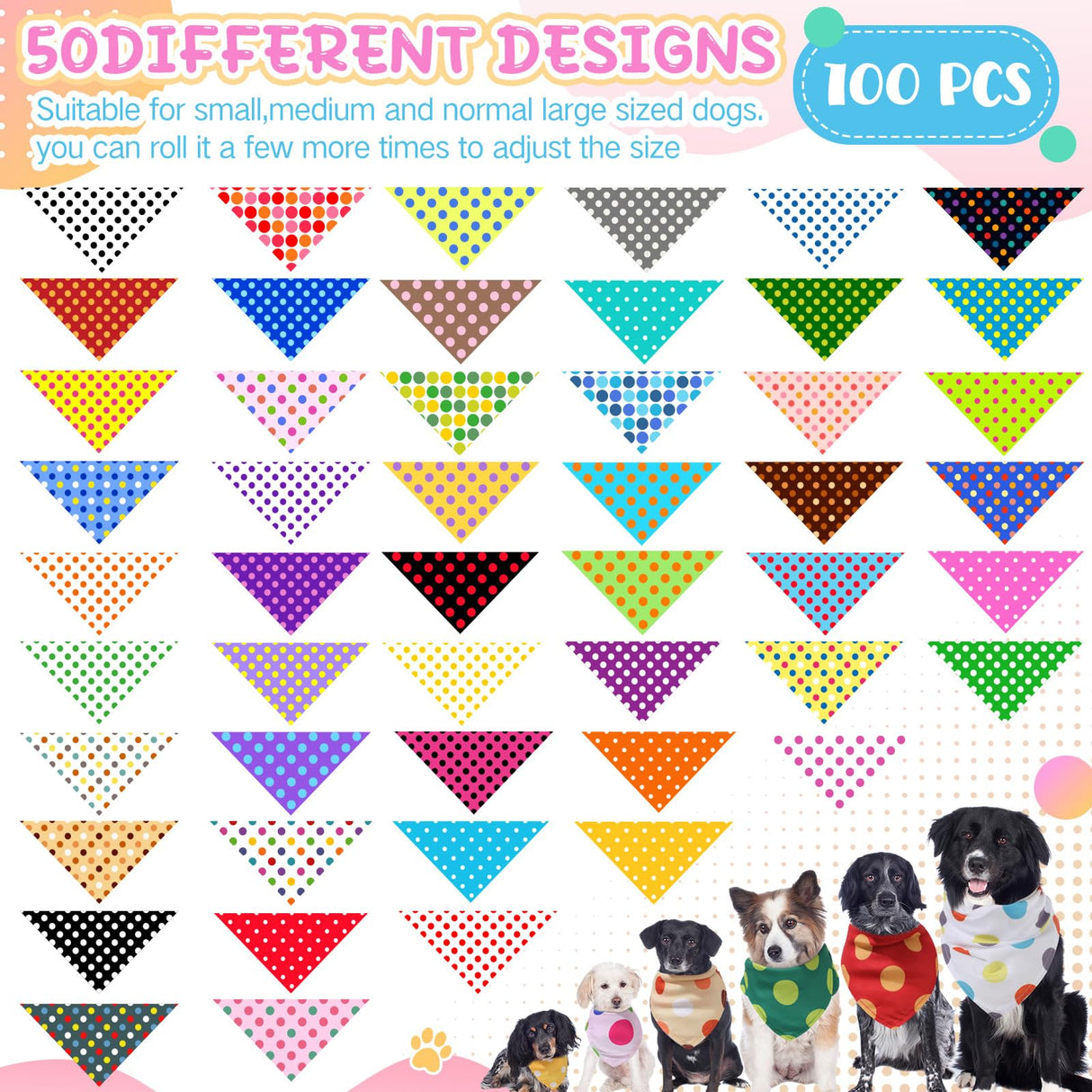Sweetude 100 Pcs Polka Dot Dog Bandanas Bulk Dog Triangle Scarf Pet Bibs Adjustable Cat Outfit Washable Cat Accessories Grooming Supplies Costume for Small to Medium Girl Boy Pet