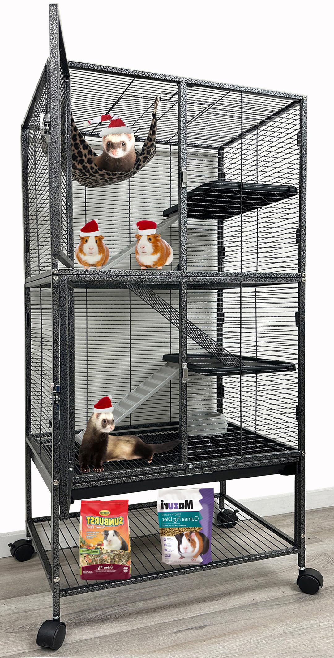 Large Two Full Story Deluxe Double Unit 4-Tiers Tight 1/2-Inch Bar Spacing Durable Front Doors Water Bottle Food Bowl for Feisty Ferret Squirrel Hammock Rat Gerbil Small Animal Critter Rolling Cage