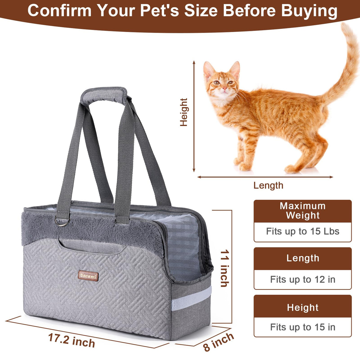 Docami Cat Carrier Bag for Pets Up to 15 Lbs, Fully Open Mesh Roof, Side Vent & 3 Storage Pockets, Cat Dog Crate Travel Bag, Portable & Comfort Soft-Sided Dog Travel Bag, Grey