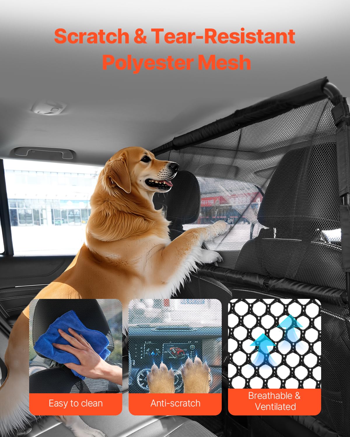 VEVOR Dog Car Barrier, 56" Wide Car Divider for Front Seats Installation, Vehicle Pet Barrier with See Through Net Mesh, Universal-Fit Dog Car Barrier for Full-Size Sedans, Trucks, and SUVs, Black