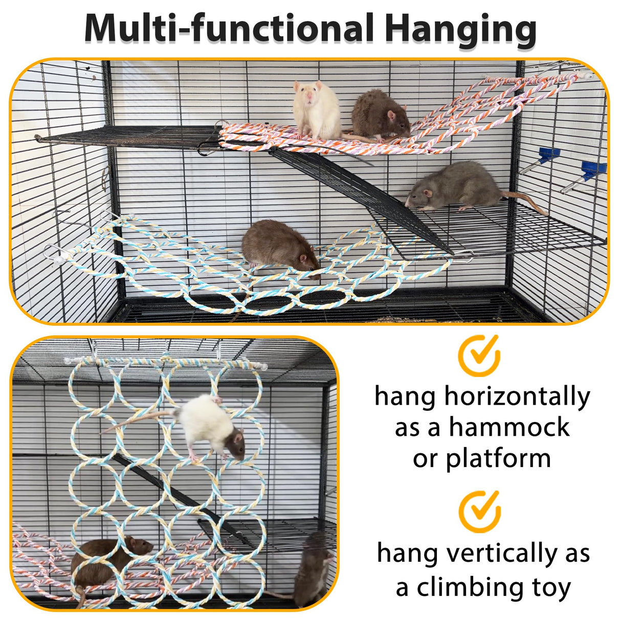 Jevnd 1Pcs Rat Climbing Rope Net Toy for Cage, Bird Hemp Rope Perch Swing, Ladder Rope Bridge Hanging Hammock, Small Animal Activity Toy for Mouse, Mice, Parrot, Bird (Random Color)