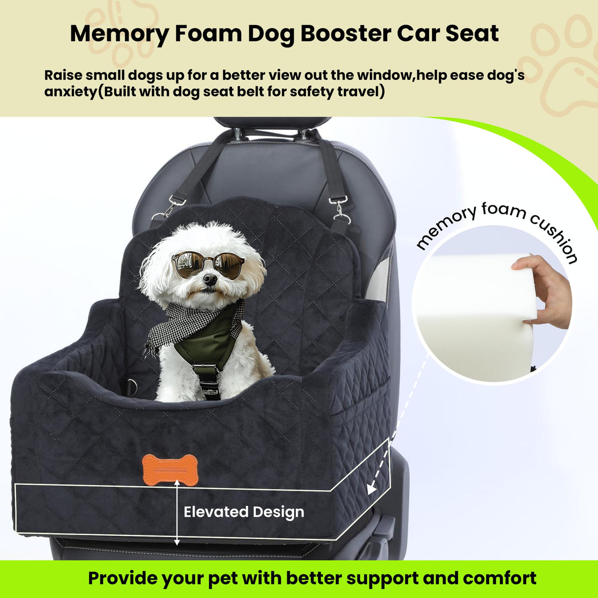 koneboss Dog Car Seat for Small Dogs Under 30lbs, Detachable Washable Pet Booster Seat with Safety Belt & Storage Pockets, Travel Car Bed, Black