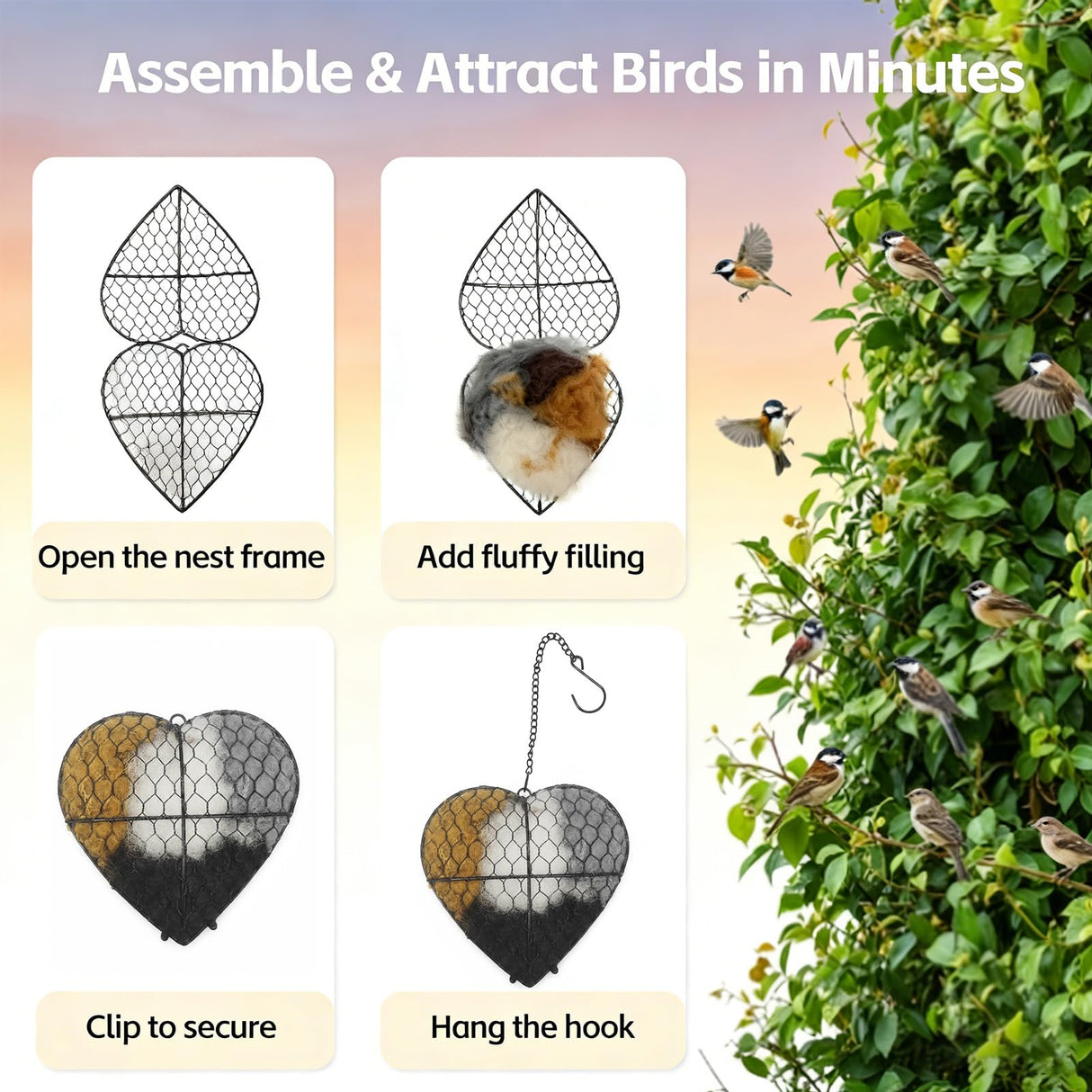 KHUVEZW Handmade Fiber Bird Nesting Heart, Alpaca Fiber Bird Material House,Hummingbird Nest Boxes for Outside, Winter Tree Shelter for Wild Birds, Gifts for Hummingbirds Lovers (1 PCS)