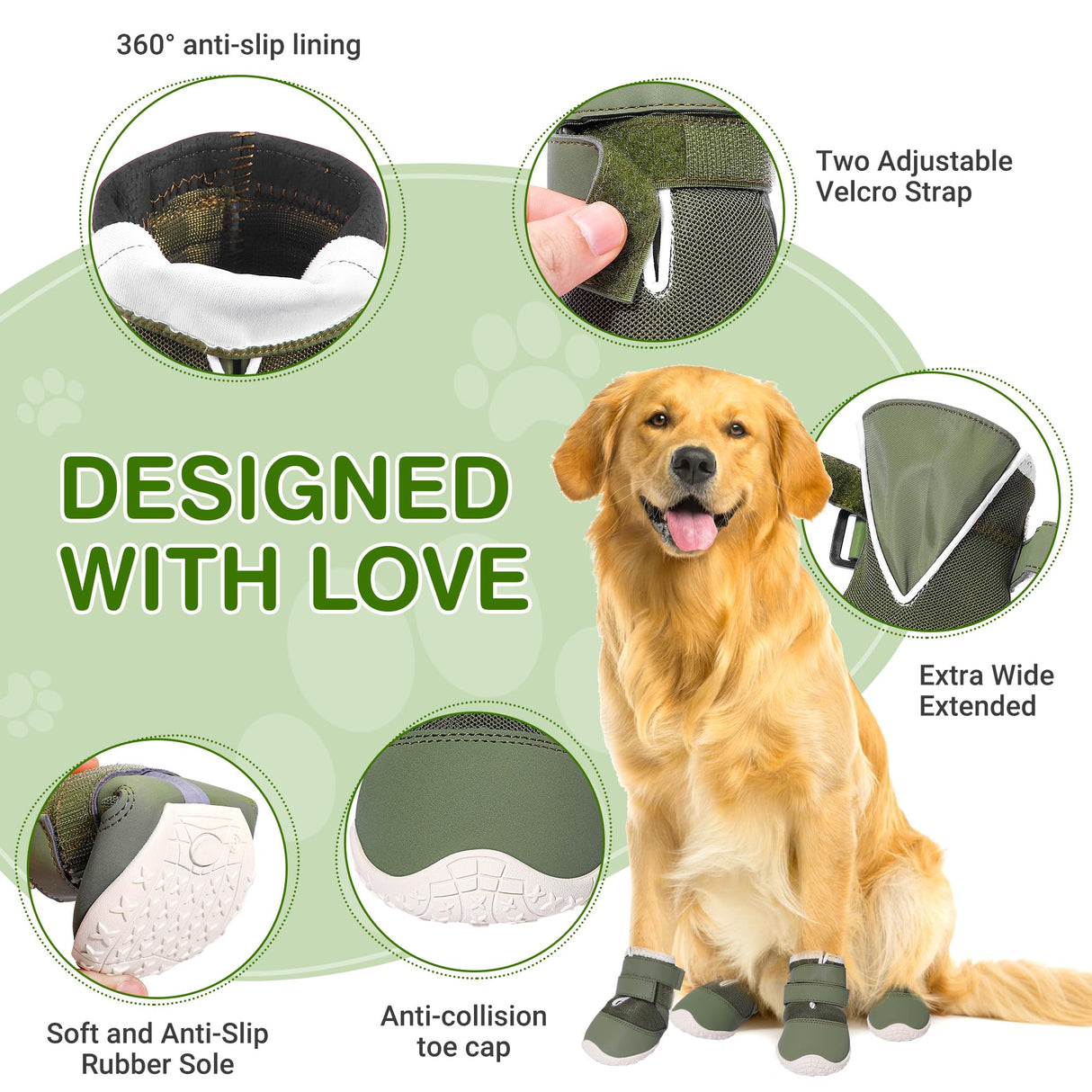 DcOaGt Dog Shoes Mesh Breathable Dog Booties for Hot Pavement Summer with Anti-Slip Sole,Dog Boots Paw Protectors for Small Medium Puppy for Winter Snow Rain Hiking,Military Green 4PCS(Size 4)