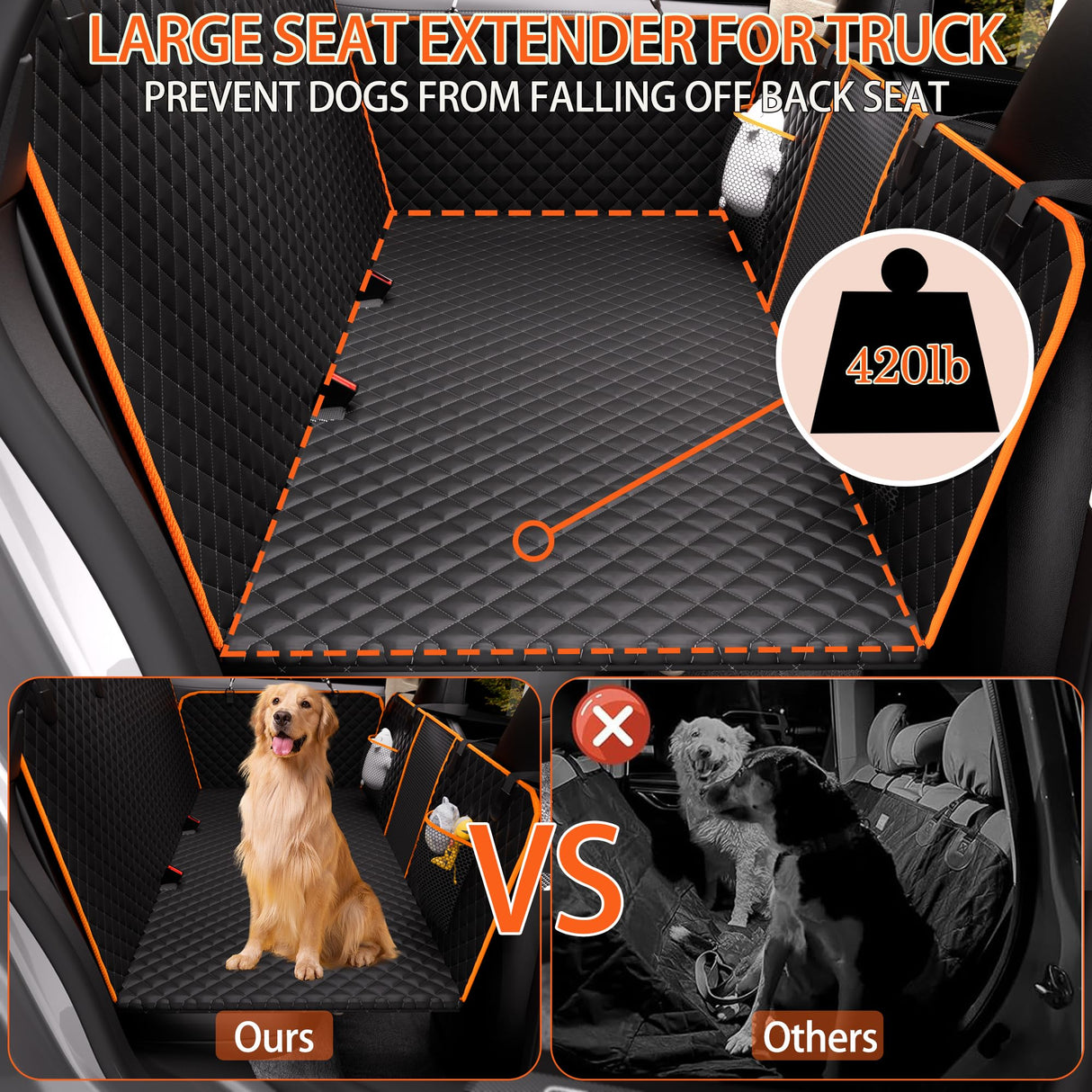 Back Seat Extender for Dogs - Large Space, Heavy-Duty Dog Car Seat Cover for Back Seat with Hard Bottom Holds 420lbs, Waterproof 600D Upgraded Material Dog Hammock for Car,Easy to Use and Clean
