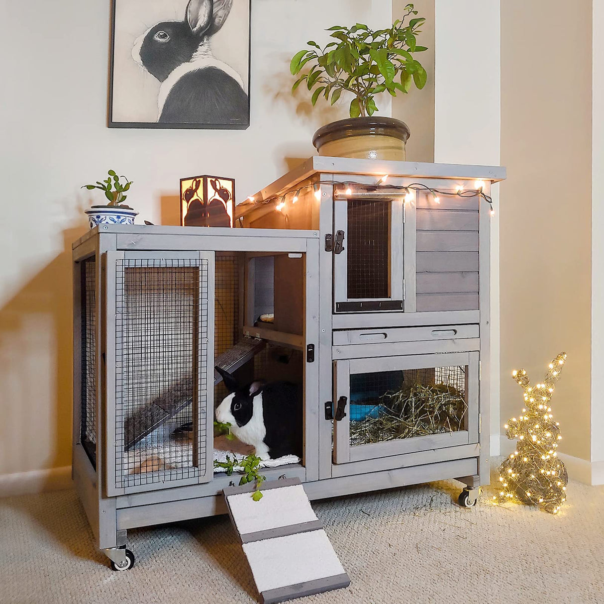 Aivituvin Rabbit Hutch Large Wooden Bunny House Guinea Pig Cages on Wheels, Two Trays, Indoor Outdoor