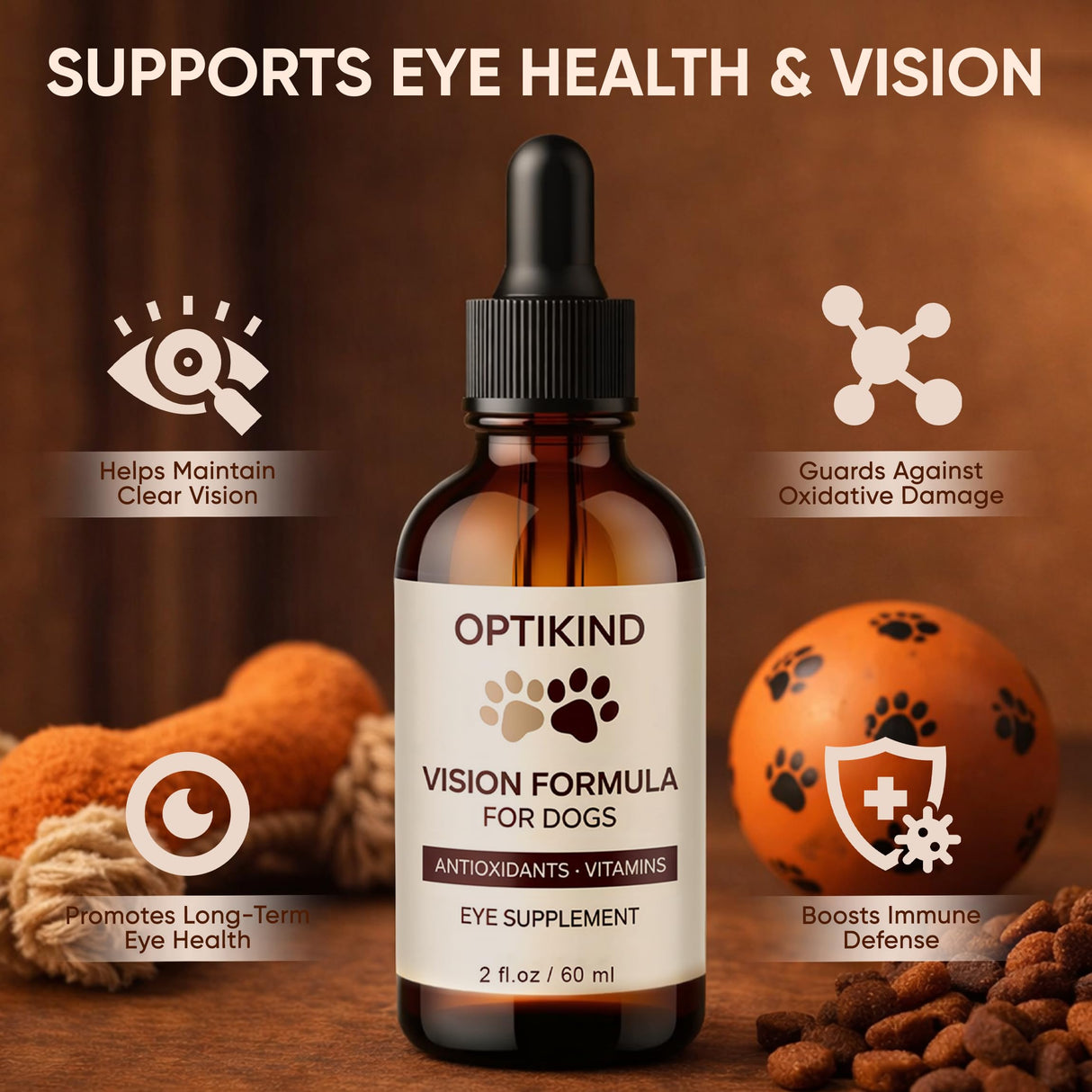 OptiKind Vision Drops for Dogs, Eye Drops for Dogs, Complete Eye Health Support with Powerful Antioxidants, Omega-3 Oil, Lutein, Bilberry Extract, Zeaxanthin & Lycopene, 2 fl oz / 60 ml (1)