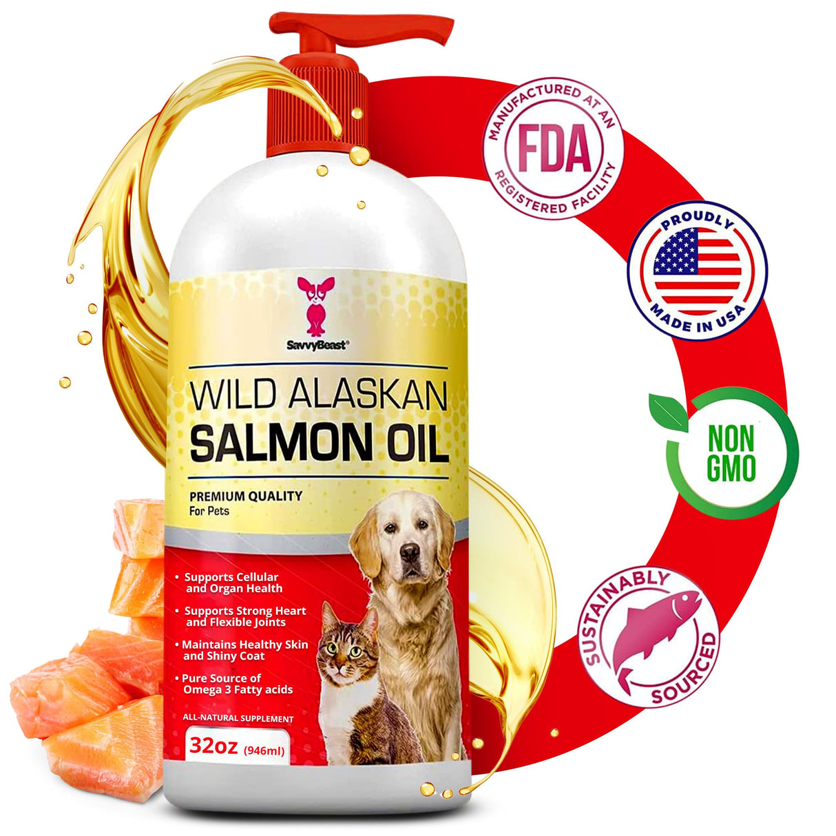 SavvyBeast Wild Alaskan Salmon Oil for Dogs, Cats & Ferrets – Omega-3 Fish Oil Pet Supplement with EPA & DHA – Supports Skin, Coat, Joints, Heart, Brain, Itch Relief & Immune – Unscented – 32 oz