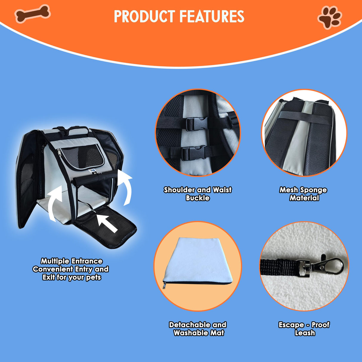 Zeus Urban Expandable Pet Backpack Carrier – Dog & Cat, Bonus 2 Collapsible Pet Bowls, Travel Bag with 4-Way Entry, Mesh Windows, Storage Pockets, Secure Zippers, Washable Cushion