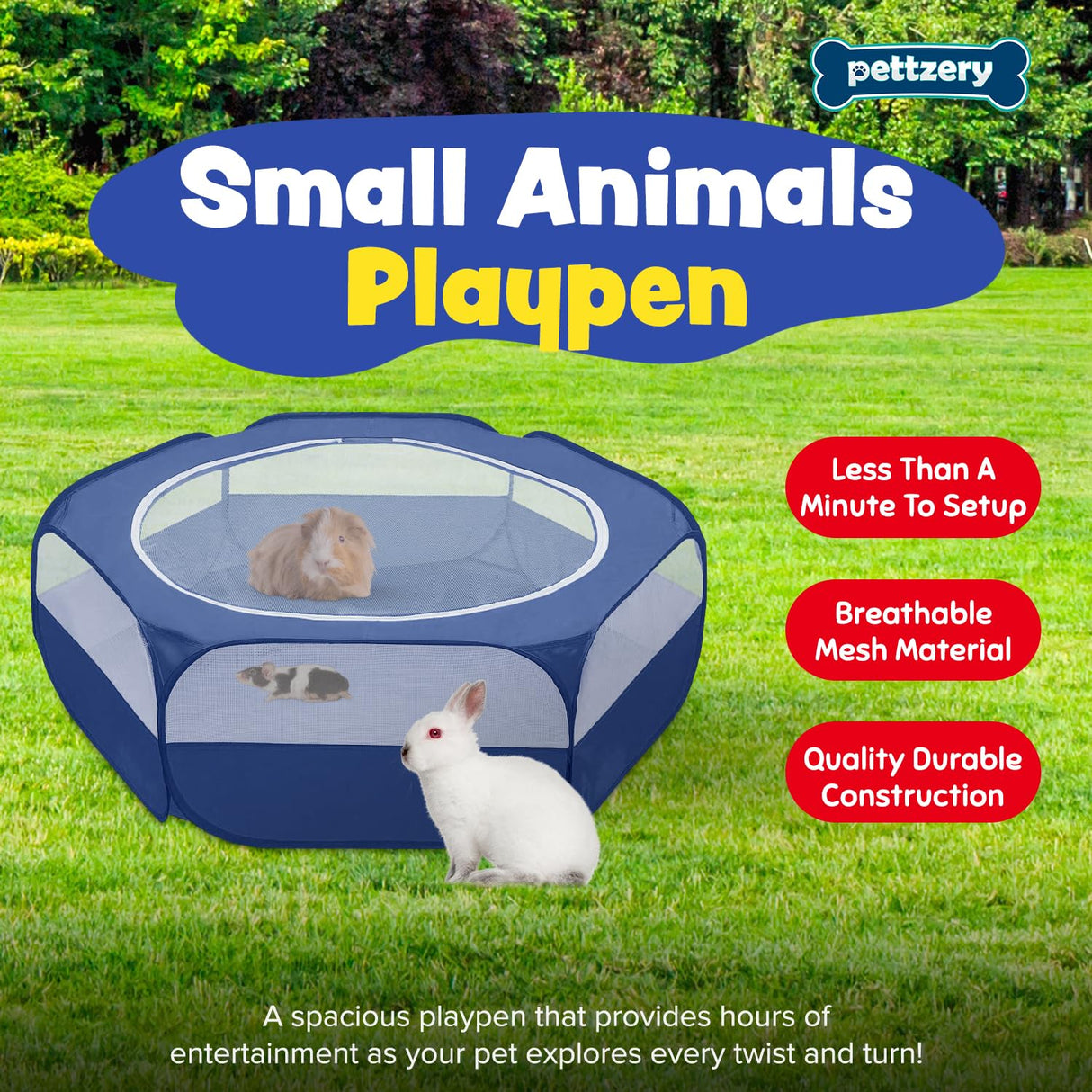 Small Animal Playpen with Zippered Top, Portable Waterproof Pet Cage (47"x23") for Kitten, Bunny, Guinea Pig, Hamster, Chicken Brooder, Indoor & Outdoor Exercise Pen, Foldable Design (Navy)