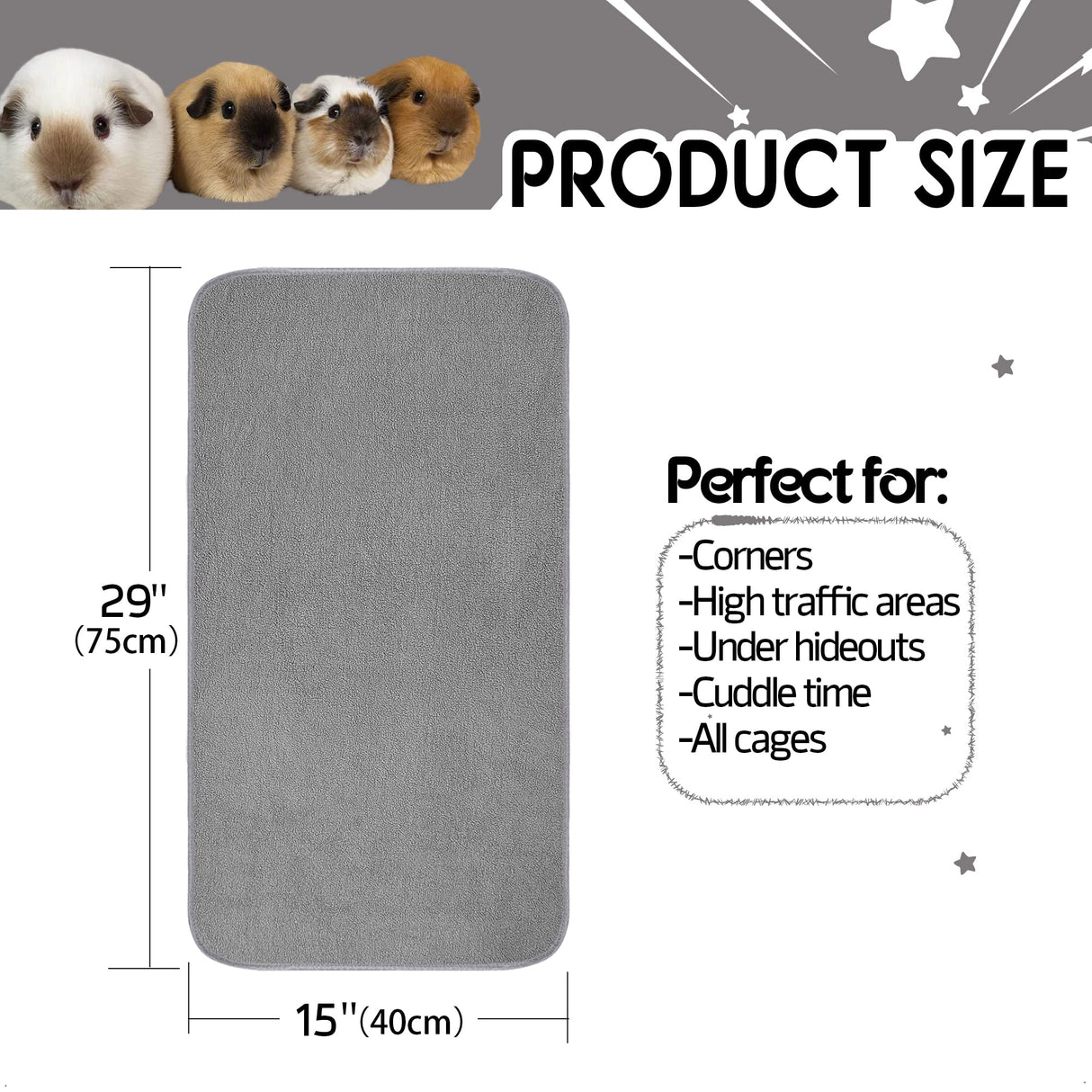 GINIDEAR Guinea Pig Cage Liner, 4 Pack - Washable, Reusable, Leakproof Fleece Bedding Pads for Small Animals with Anti-Slip Bottom - for 15''X29'' Area, Gray