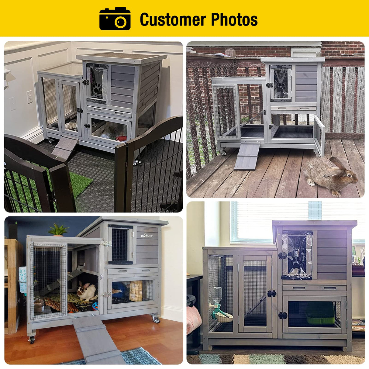 Aivituvin Rabbit Hutch Large Wooden Bunny House Guinea Pig Cages on Wheels, Two Trays, Indoor Outdoor