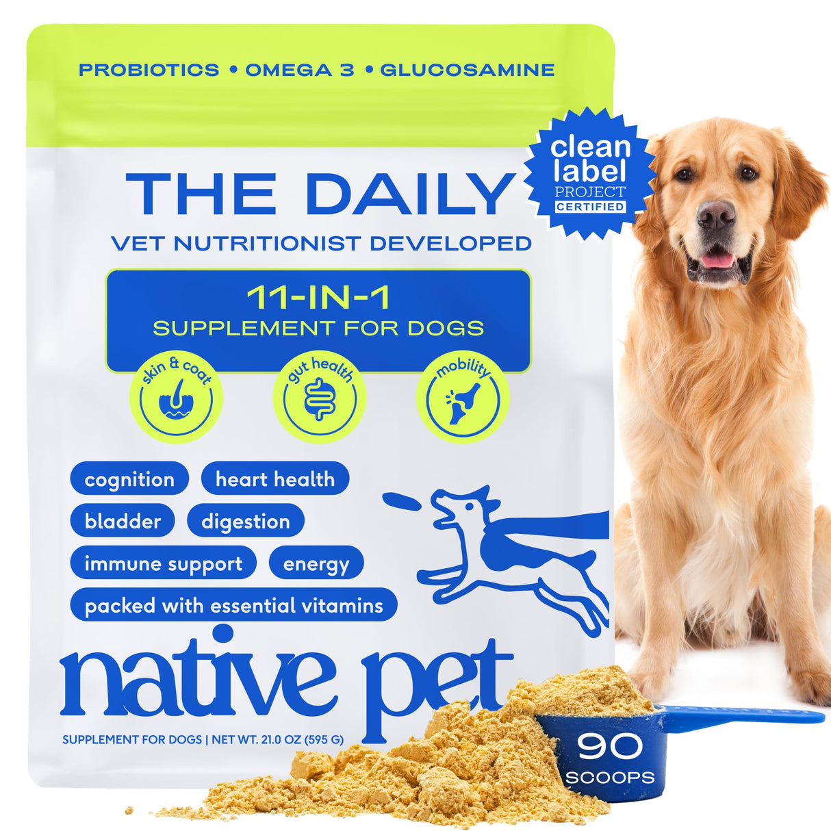 Native Pet Dog Vitamins & Supplements - 11-in-1 Multivitamin Powder for Dogs Food Topper - Collagen, Glucosamine, Probiotics, Omega & More- Supports Healthy Gut, Mobility & Overall Health -90 Scoops