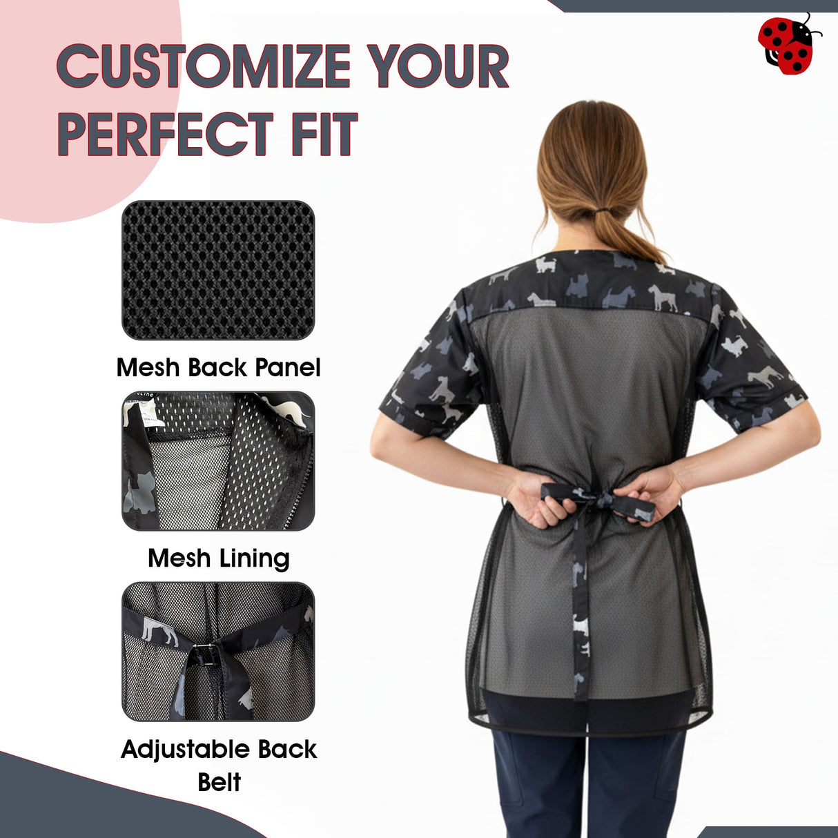 Ladybird Line 709 Grey Terrier Waterproof Unisex Dog Grooming Smock with Pockets, Hair Bleach Resistant, Covered Zipper Panel, Mesh Back, Adjustable Back Tie Belt, Pet Grooming and Vet Clinics - 5XL
