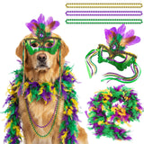 LEIFIDE 5 Pcs Mardi Gras Dog Costume Mardi Gras Pet Mask with Collar Carnival Masquerade Pet Accessories Set Golden Green Purple Puppy Dress up Feather Boa for Medium Large Dogs Outfit Decor