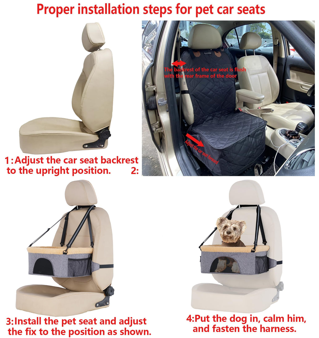 ROODO Deluxe Dog Booster Seat with Height-Adjustable Foldable Metal Frame and Safety Leash,Portable Pet Car Seat for Under 20lb Puppy Cats with Plush Thick Cushion Mesh Window Pockets(Cation Gray