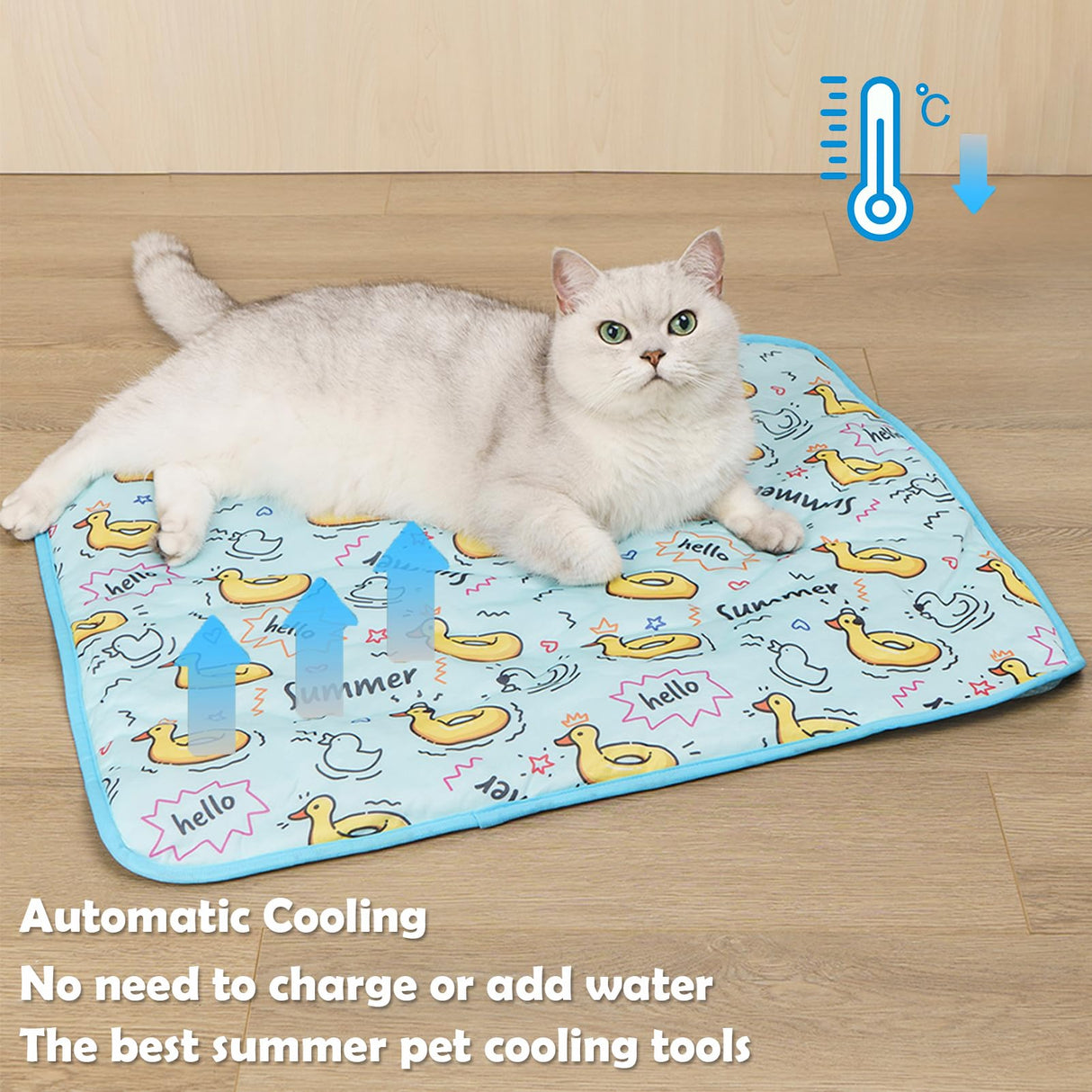 BAMY Cat Cooling Mat Summer Dog Silk Pad Self Cooling Cushion Washable Kitten Ice Blanket with Duck Strawberry Pattern (Blue Duck, M (27.6"x19.7"))