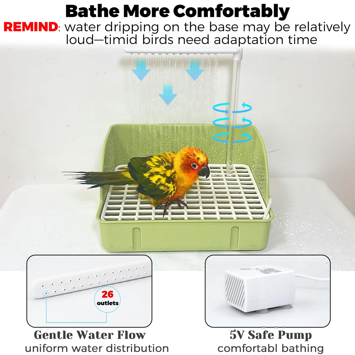 Jevnd Automatic Parakeet Bird Bath with Pump, Large Bird Shower Fountain Indoor Bathtub with Running Water, Parrot Bath Tub Faucet for Pet Birds, African Grey, Cockatiel, Conure, Budgie, Lovebird