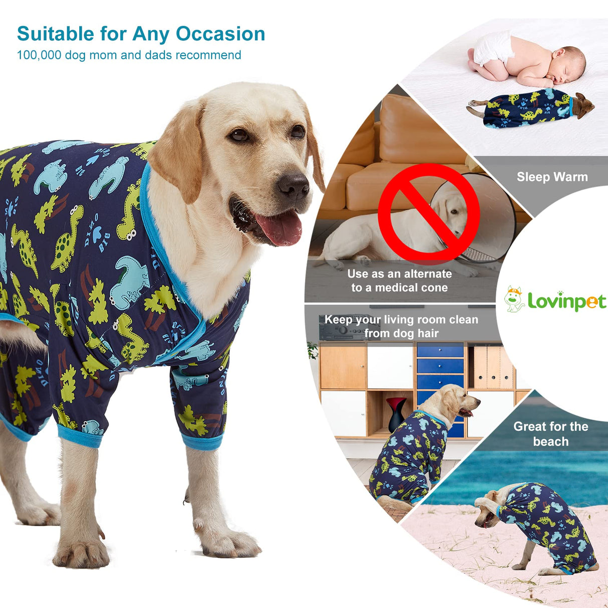 LovinPet Dog Clothing for Large Dogs: Dinosaur in The Jungle Print, Lightweight Stretchy Knit Pullover Puppy Pajamas, Big Dog Onesie. Large Breed Dog Jammies, Pet PJ's /3XL