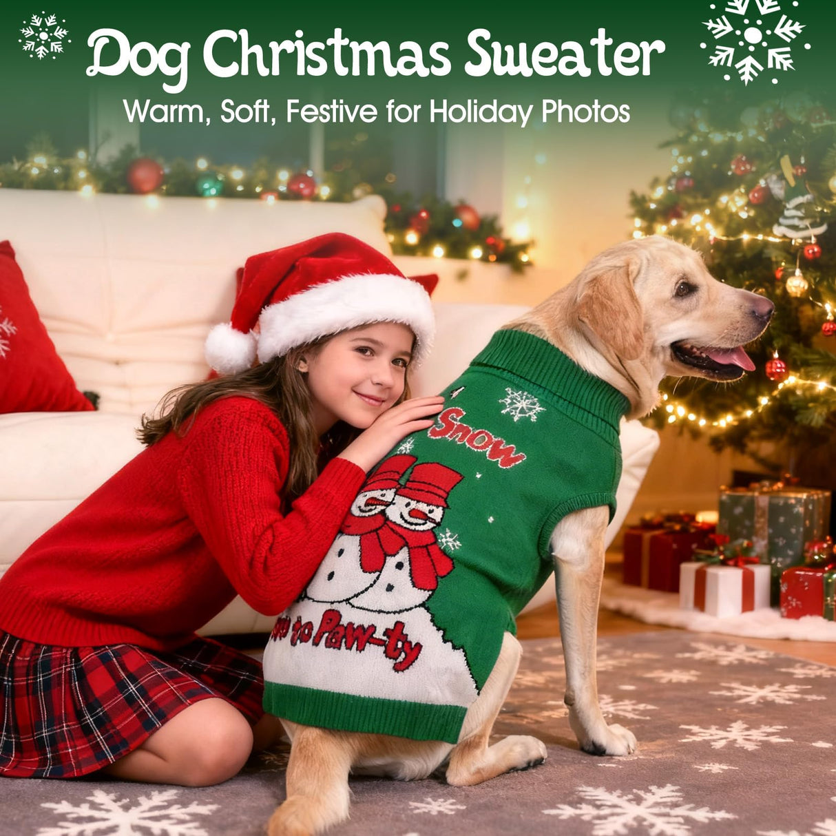 IECOii Dog Christmas Sweater, Dog Sweater for Small Dogs Girl Boy Pullover Knitwear for Holiday, Snowman & Snowflake Christmas Sweaters for Cold Weather Dog Turtleneck with Leash Hole, Green, M