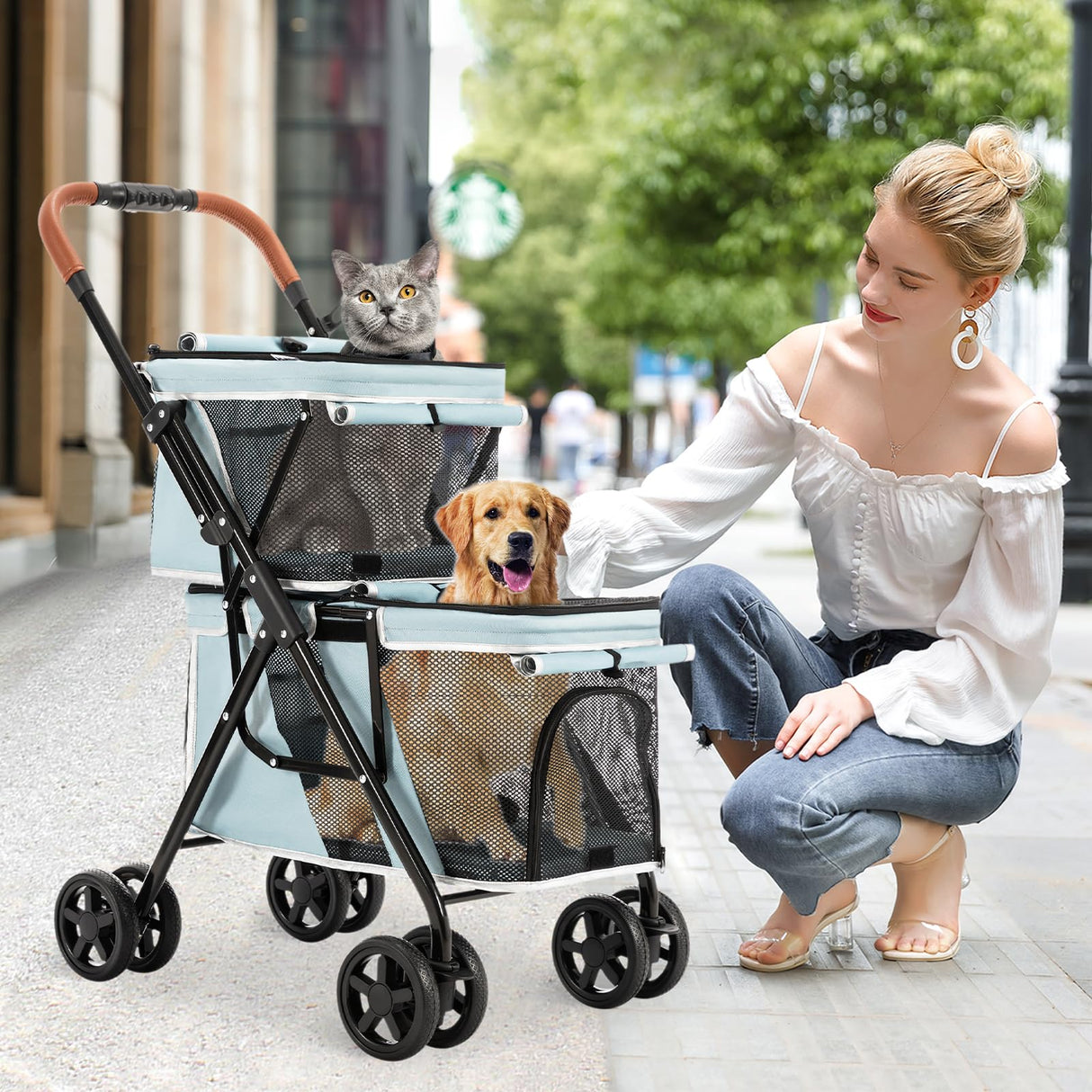LPOTIUS Double Pet Stroller for Dogs and Cats, One-Hand Folding Dog Stroller Travel Carriage for Small Medium Dogs Cats, 4 Wheels, Blue