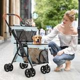 LPOTIUS Double Pet Stroller for Dogs and Cats, One-Hand Folding Dog Stroller Travel Carriage for Small Medium Dogs Cats, 4 Wheels, Blue