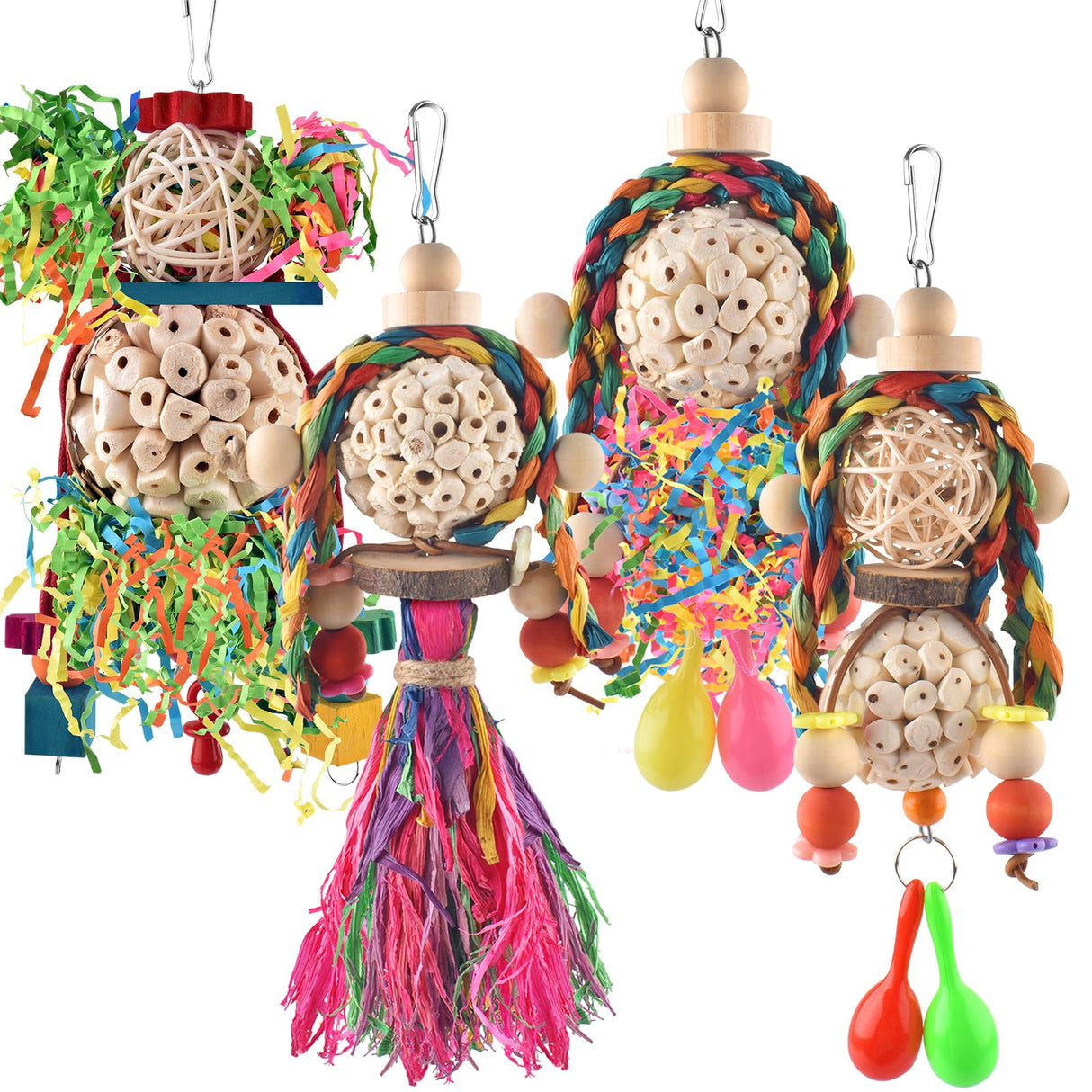 Bissap Conure Toys, 4 PCS Bird Parrot Foraging Shredder Hanging Toys Sola Balls with Sand Hammer for Small Parrots Parakeets Conures Cockatiels Love Birds Cage Toy