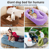 Human Dog Bed, 71''x45''x12'' Size Fits You and Pets, Washable Faux Fur Pet Bed for People Doze Off, Napping Orthopedic Dog Bed, Present Plump Pillow, Blanket, Strap - Black