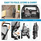 LPOTIUS Lightweight Dog Stroller with Reversible Handle for Medium Small Dogs and Cats, Foldable Pet Stroller Travel Carriage with Large Storage Basket, 4 Wheels, Linen Gray