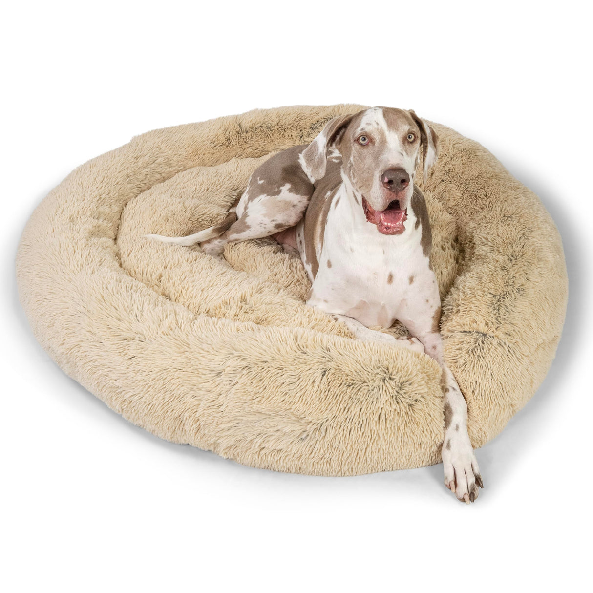 Best Friends by Sheri The Original Calming Donut Dog Bed – Washable Plush Pet Bed for XXL Breeds up to 210 lbs, Shag Faux Fur, Taupe, XXL (54" x 54")
