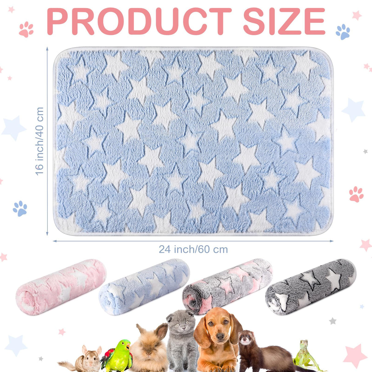 Reginary 4 Pcs Waterproof Guinea Pig Blankets Washable Small Animal Fleece Bedding Guinea Pig Cage Liners Reusable Training Pads Pet Pee Pad Sleep Mat for Hamster(Cute Star Pattern,24 x 16 Inch)