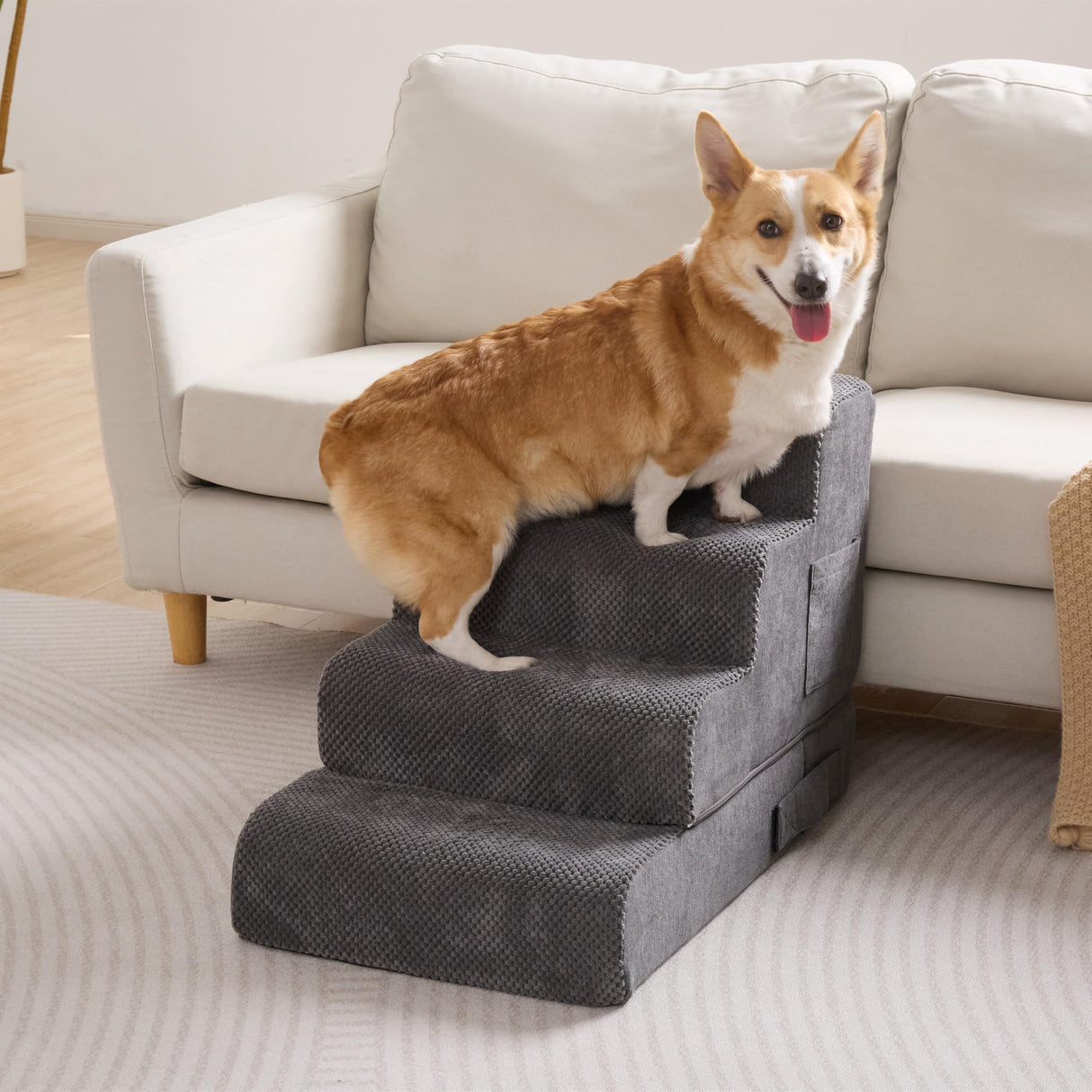 Dog Stairs for Small & Medium Dogs, 5-Step Dog Steps for Bed & Couch, High-Density Foam Pet Stairs for High Beds, Non-Slip Indoor Pet Ramp, Washable Cover, Fits Beds up to 22.6", Grey