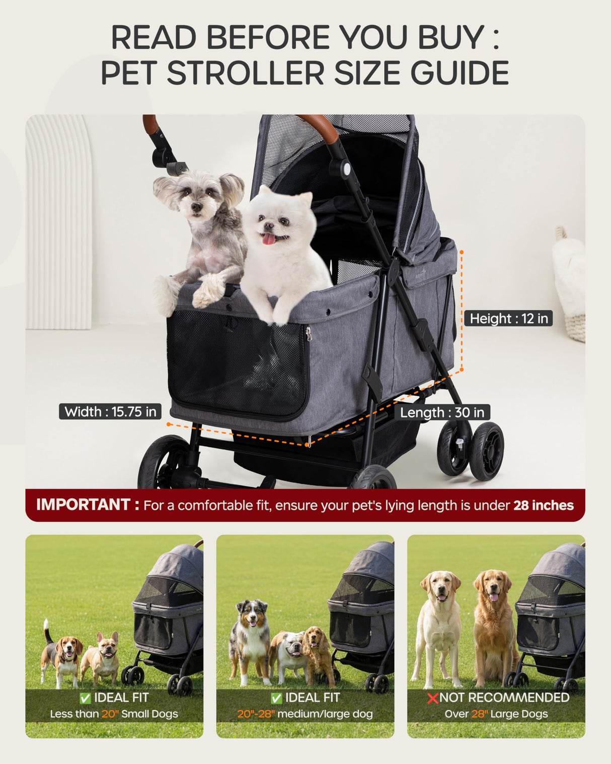 Dog Stroller for Large & Medium Dogs (20–132 lbs), Pet Stroller for 2 Small Dogs, Extra Large Heavy Duty, Foldable & Ventilated, Grey