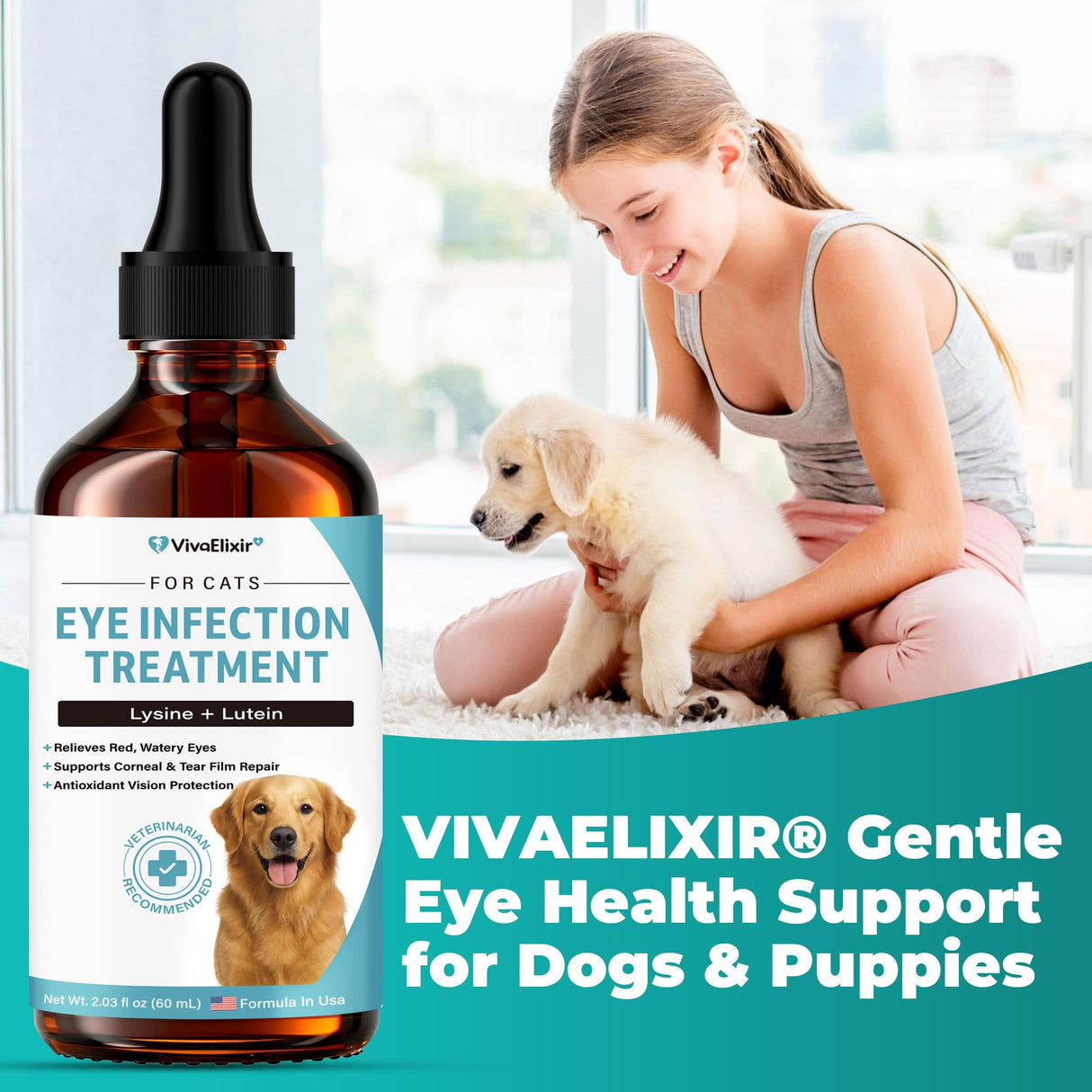 Dog Eye Infection & Eye Care Support Supplements | All-Natural Support for Conjunctivitis, Swelling, Dry Eyes, Tear Stains & Discharge | with L-Lysine, Omega-3 & Lutein + Zeaxanthin | 2.03 fl oz